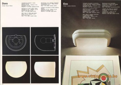 Artemide Catalogue 1973. Artemide Doro Wall Lamp, Design: Sergio Mazza. Artemide Eco Wall Lamp, Design: Luciano Anichini.