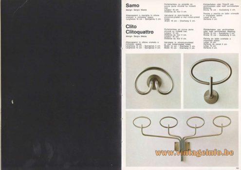 Artemide Catalogue 1973. Artemide Samo & Clito Clitoquattro Coat Hook, Design: Sergio Mazza.