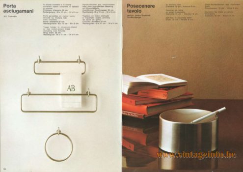 Artemide Catalogue 1973. Artemide Porta Asciugamani Towel Holder & Possacenere Tavolo Ash-Tray, Design: Emma Gismondi Schweinberger.