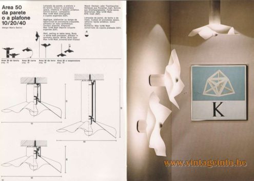 Artemide Catalogue 1976 - Area 50 da parete o a plafone 10/20/40, design Mario Bellini
