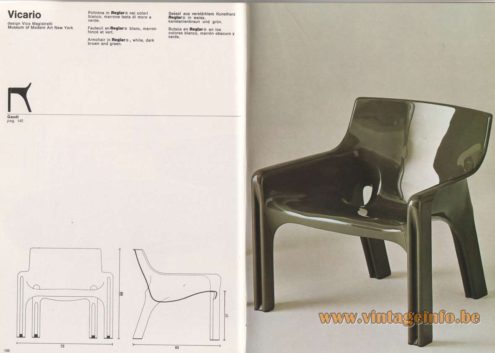 Artemide Catalogue 1976 - Vicario, design Vico Magistretti – Museum of Modern Art New York Armchair in Reglar® , white, dark brown and green.
