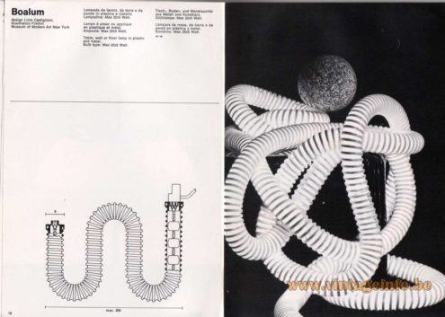 Artemide studioA Catalogue 1976 - Boalum, design Livio Castiglioni, Gianfranco Frattini. Museum of Modern Art New York Table, wall or floor lamp in plastic and metal. Bulb type: Max 22×5 Watt.