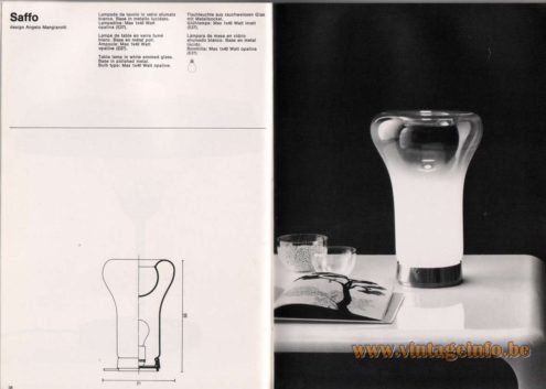 Artemide studioA Catalogue 1976 - Saffo, design Angelo Mangiarotti Table lamp in white smoked glass. Base in polished metal. Bulb type: Max 1 x 40 Watt opaline.