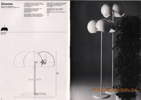 Artemide studioA Catalogue 1976 - Giunone, design Vico Magistretti – Museum of Modern Art New York Floor lamp, with four adjustable light-shades, in white coated metal. Bulb type: Max 4 x 75 Watt opaline. Pendant light: Ecatombe.