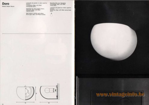 Artemide studioA Catalogue 1976 - Doro, design Sergio Mazza Wall lamp in white opal glass. Bulb type: Max 1 x 75 Watt frosted.