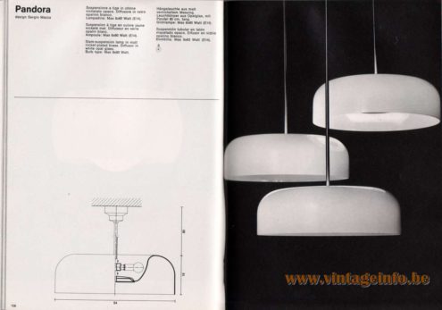 Artemide studioA Catalogue 1976 - Pandora, design Sergio Mazza Stem-suspension lamp in matt nickel-plated brass. Diffusor in white opal glass. Bulb type: Max 6 x 60 Watt.