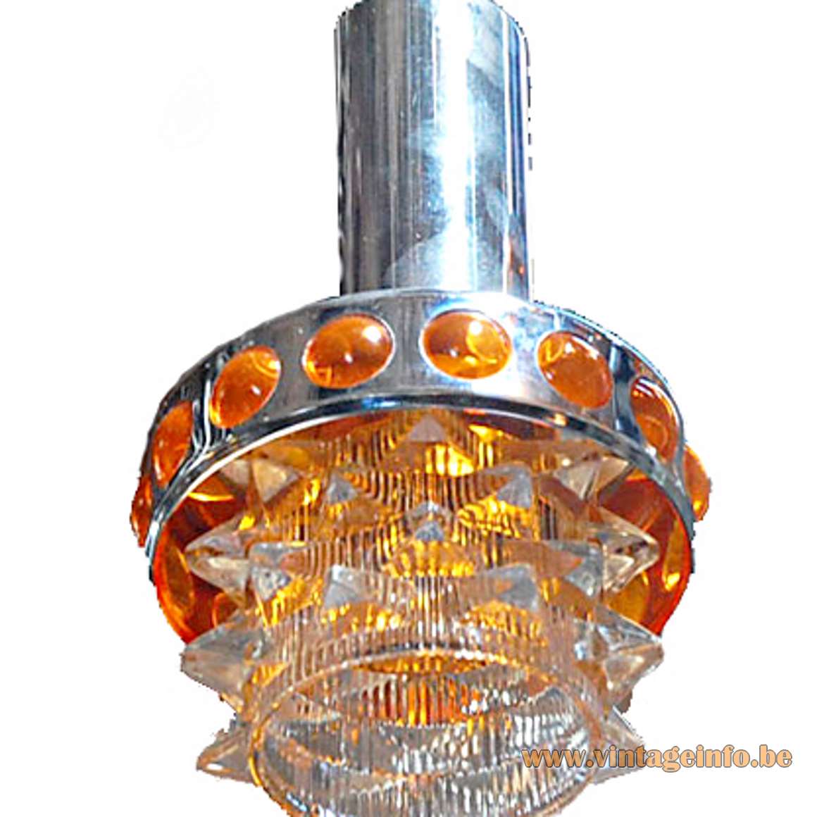 1960s Red Glass & Chrome Chandelier - Orange Pendant Lamp