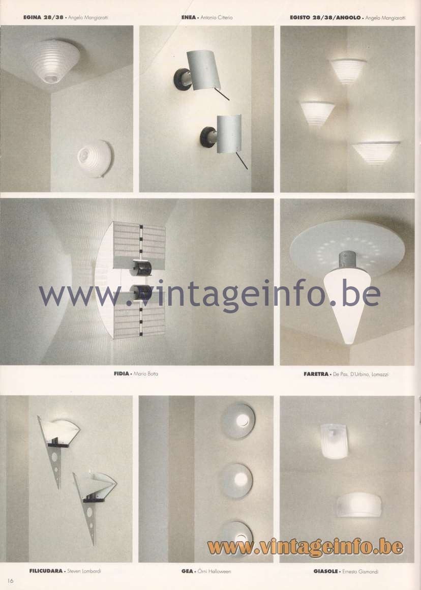Artemide Catalogue 1992 – Wall & Ceiling Lamps Egina, Enea, Egista, Fidea, Faretra, Filicudara, Gea, Giasole