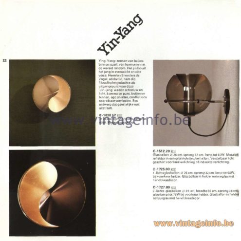 Raak Catalogue 11, 1978 - Raak Yin-Yang Wall Lamp C-1636.12 (design goldsmith Hermien Sneyders de Vogel) Raak Glasballon (Glass balloon)/Globe Wall Lamp C-1512.20, C-1725.00, C-1727.00 