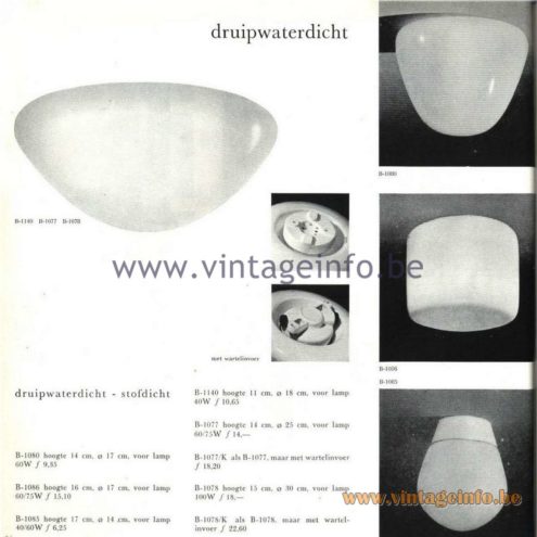 Raak Catalogue 5, 1962 – Raak Ceiling Lamp/Flush Mount B-1140, B-1077, B-1078, B-1080, B-1086