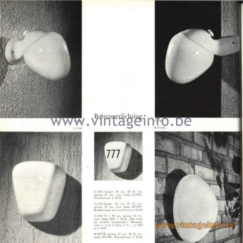 Raak Catalogue 5, 1962 – Raak Outdoor Wall Lamp C-1533, C-1543, C-1540, B-1077