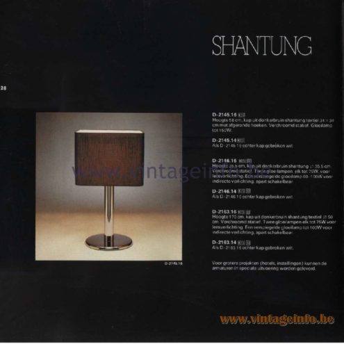 Raak Catalogue 11, 1978 – Raak Table Lamp Shantung, D-2145.16, D-2145.14, D-2146.16, D-2146.14, D-2163.16, D-2163.14