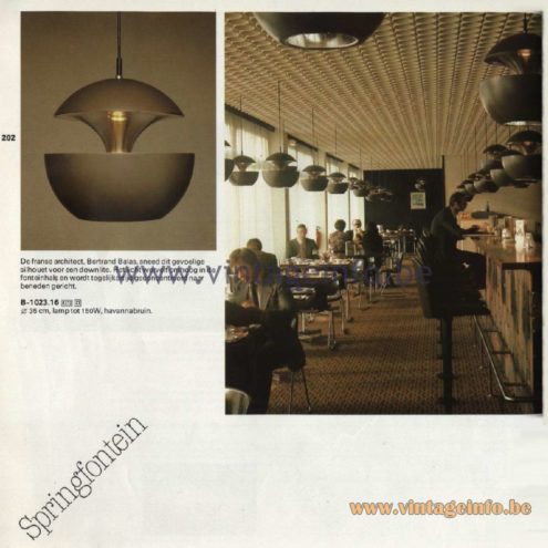 Raak Catalogue 11, 1978 - Springfontein Pendant Lamp, design Bertrand Balas. 