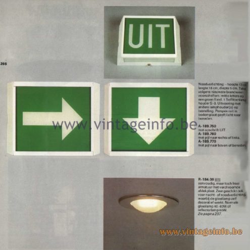 Raak Catalogue 11, 1978 - Raak Noodverlichting (emergency lighting) A-189.750, A-189.760, A-189.770, R-184.00