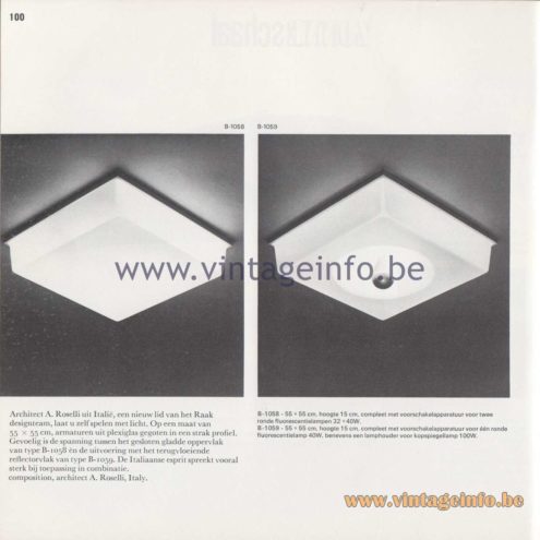 Raak Amsterdam Light Catalogue 8 - 1968 - Raak Flush Mount B-1058, B-1059 Design A. Roselli