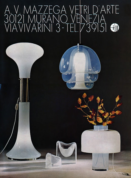 AV Mazzega publicity LT226 table lamp LS134 pendant lamp 220TEM floor lamp design Carlo Nason 1970s