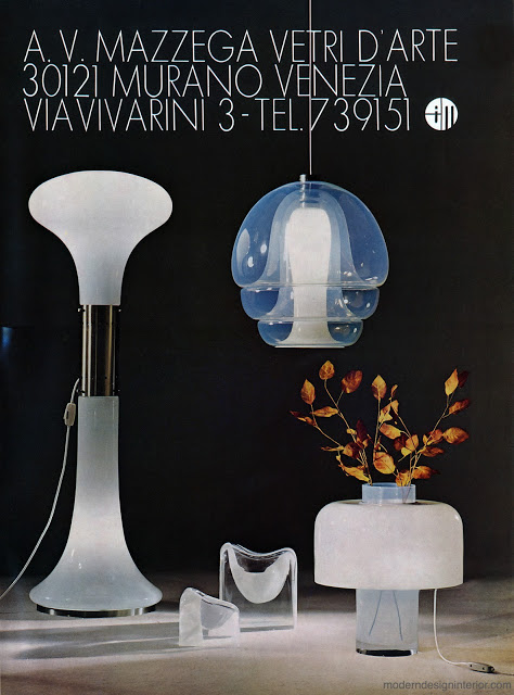 AV Mazzega publicity LT226 table lamp LS134 pendant lamp 220TEM floor lamp design Carlo Nason 1970s
