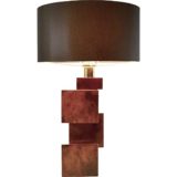 Burr walnut cityscape table lamp geometric wood cubes base round brown tubular lampshade 1960s 1970s Italy