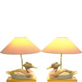 Ceramic duck table lamps rectangular brass base & rod conical stoneware bird fabric lampshade 1970s 1980s J.L.B.
