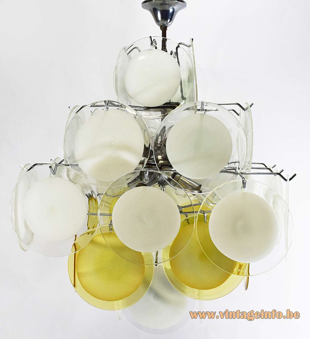 Gino Vistosi white & amber discs chandelier chrome wire frame 36 Murano glass dishes Mazzega 1960s 1970s