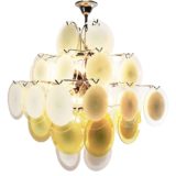 Gino Vistosi white & amber discs chandelier chrome wire frame 36 Murano glass dishes Mazzega 1960s 1970s