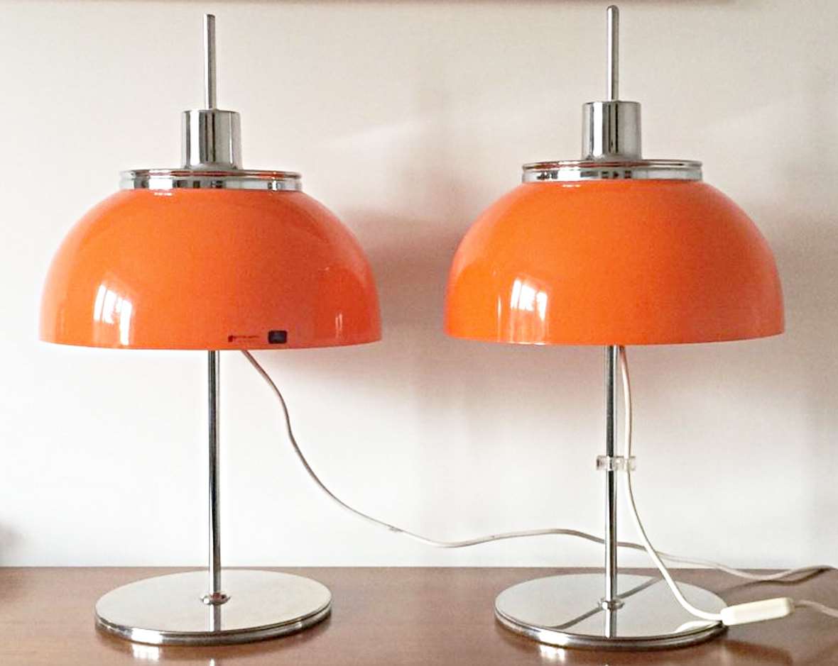 Harvey Guzzini Faro Table Lamps acrylic round mushroom lampshades chrome base & rod 1960s 1970s MCM