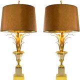 Boulanger reed table lamps square chrome base brass palm leaves & urn round fabric lampshade 1960s 1970s