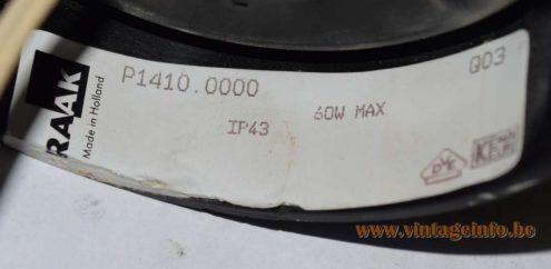 Raak Discus Flush Mount or Wall Lamp - P-1410 - label - in the Bakelite socket