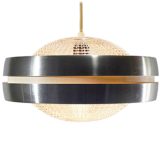 Raak B-1044 pendant lamp clear pressed curved embossed glass shells 2 aluminium rings 1960s 1970s