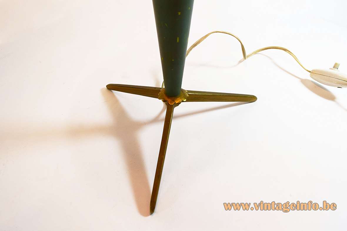 Louis Kalff Bijou table lamp tripod brass base green mushroom lampshade E27 socket Philips 1950s 