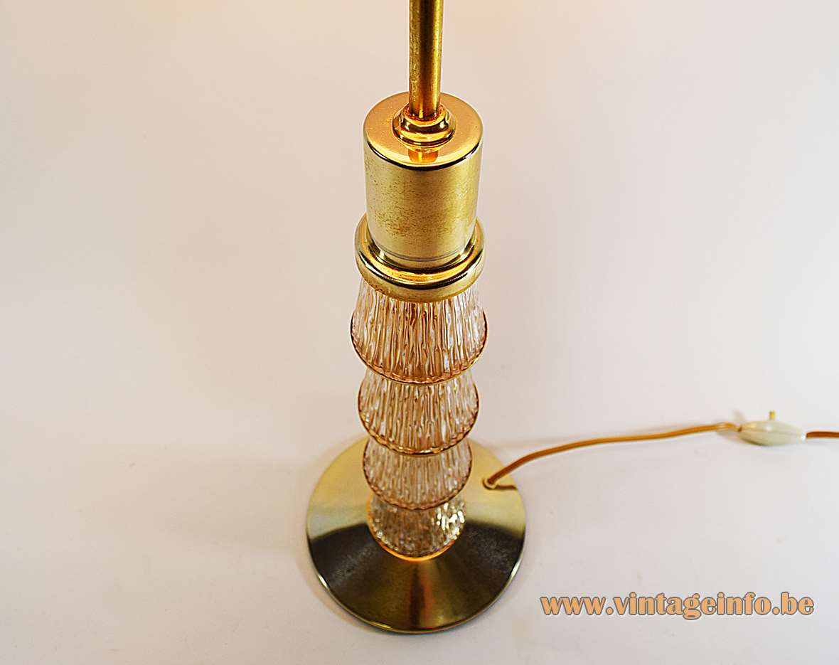 Crystal & brass table lamp round base 4 embossed conical glass tubes fabric lampshade 1960s 1970s