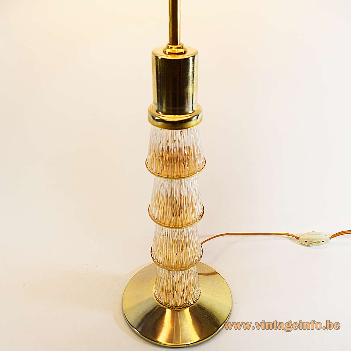 Crystal & brass table lamp round base 4 embossed conical glass tubes fabric lampshade 1960s 1970s