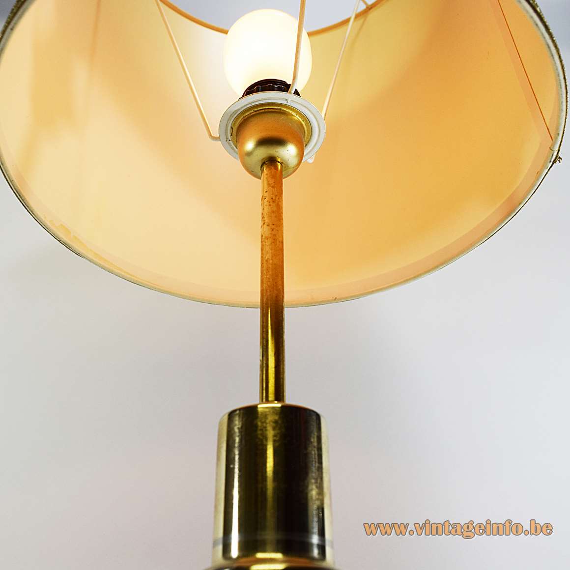 Crystal & Brass Table Lamp round brass base 4 embossed conical glass parts fabric lampshade 1960s 1970s MCM