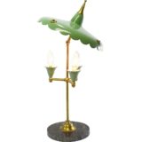 1950s Italian parasol table lamp with a black round marble base and a green aluminium lampshade