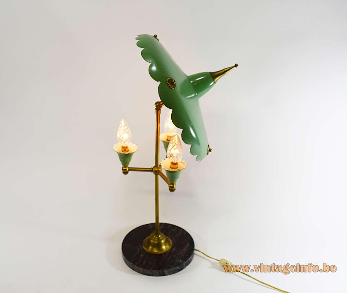 1950s Italian parasol table lamp with a black round marble base and a green aluminium lampshade