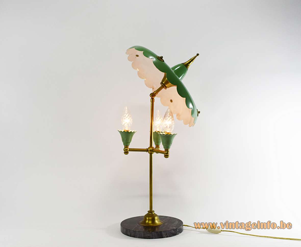 1950s Italian parasol table lamp with a black round marble base and a green aluminium lampshade