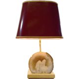 Pierre Faveere agate geode table lamp rectangular travertine base adjustable curved brass rod maroon lampshade 1970s