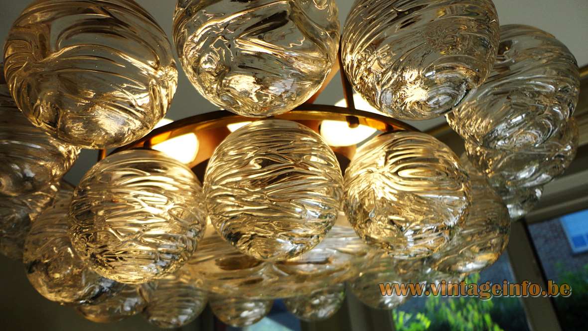1960s DORIA snowball chandelier 27 swirled glass globes balls brass frame 1970s Germany vintage light