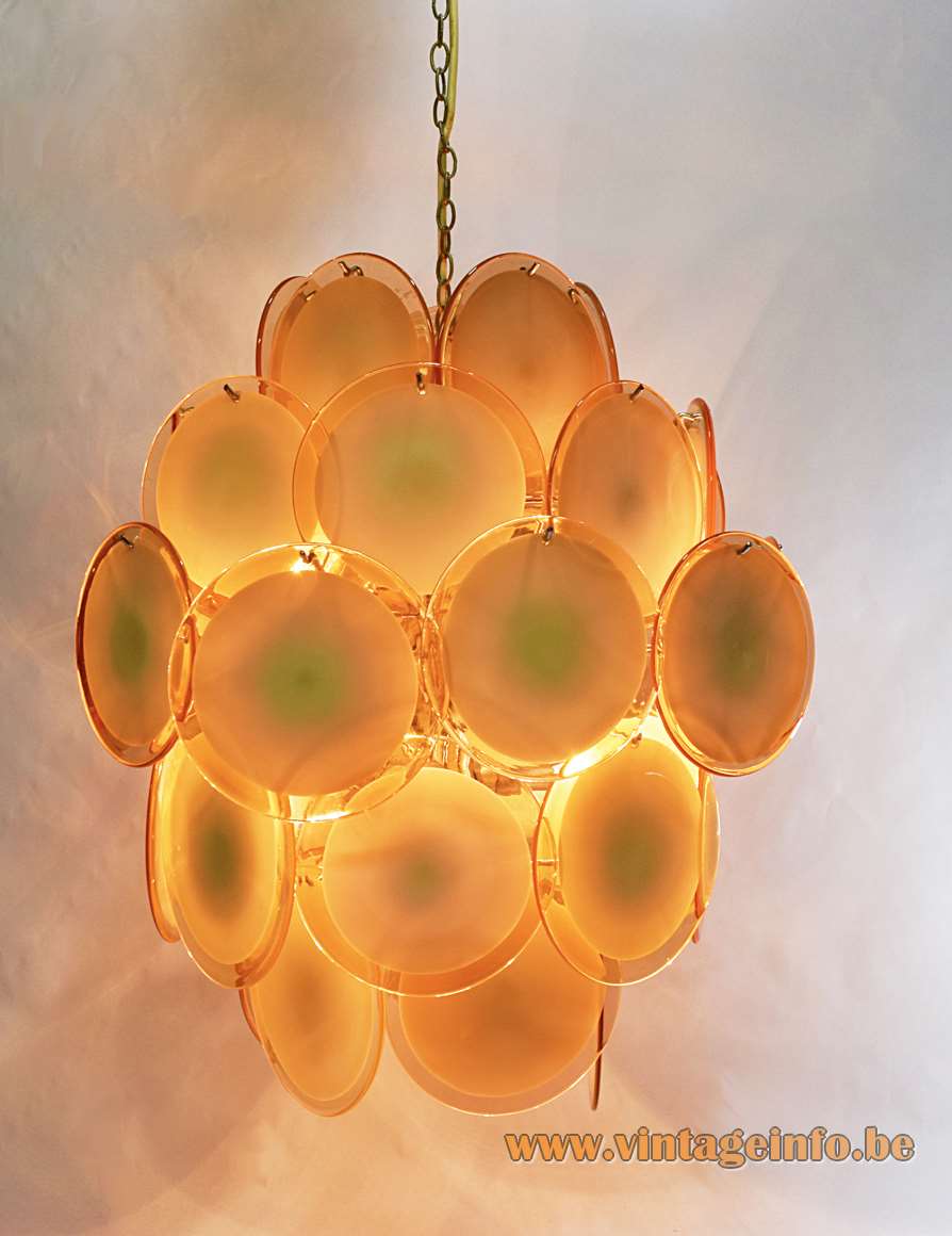Gino Vistosi salmon pink discs chandelier 36 Murano glass dishes chrome wire frame Mazzega 1960s 1970s