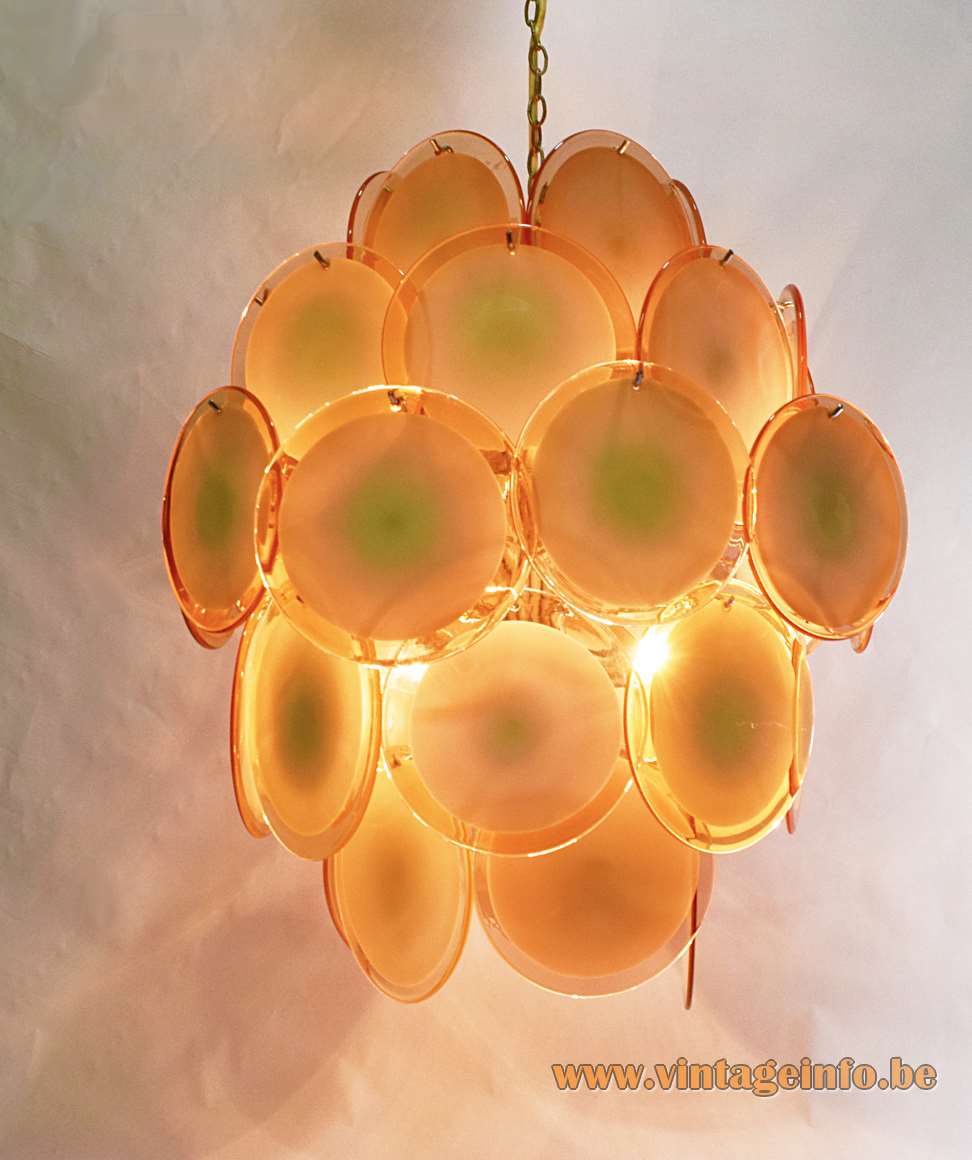 Gino Vistosi salmon pink discs chandelier 36 Murano glass dishes chrome wire frame Mazzega 1960s 1970s