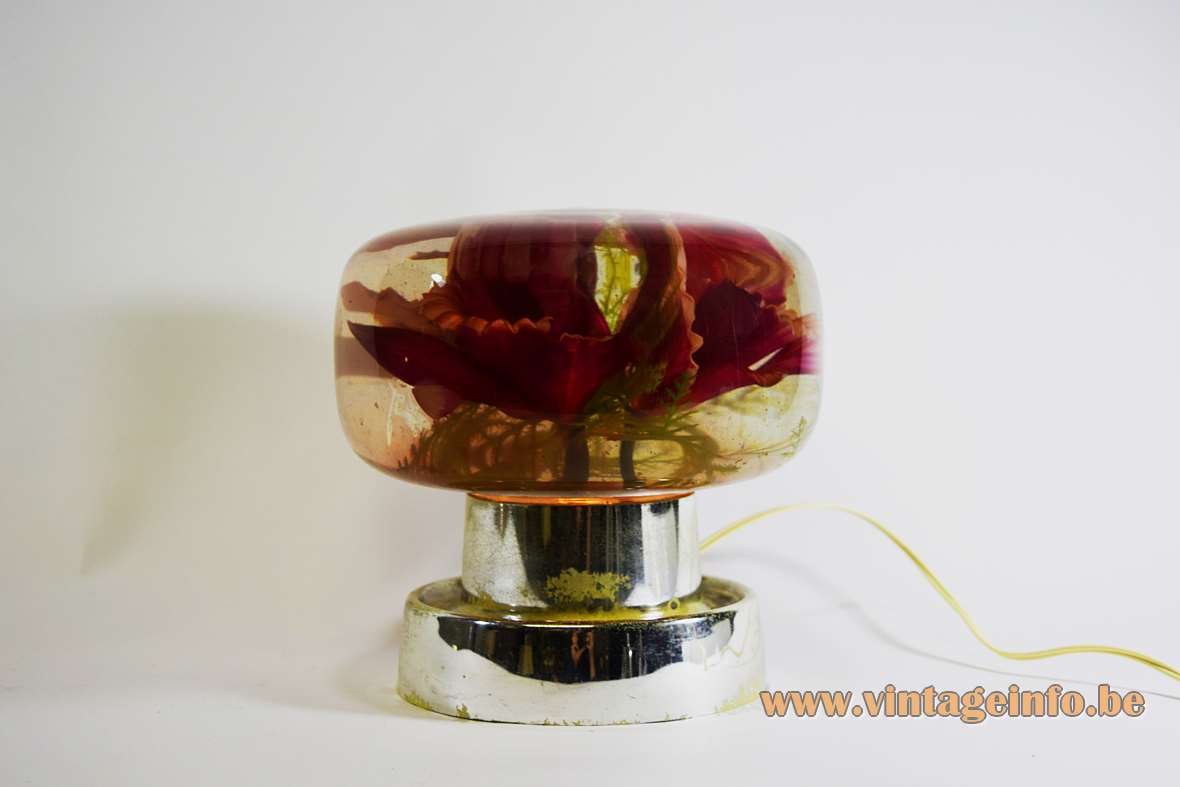 Italian Kitsch flowers table lamp chromed plastic base round glass bowl water inside Ceretto 1960s 1970s