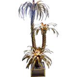 Maison Jansen palm trees floor lamp burned brass leaves square brass base pebbles 1970s 1980s France