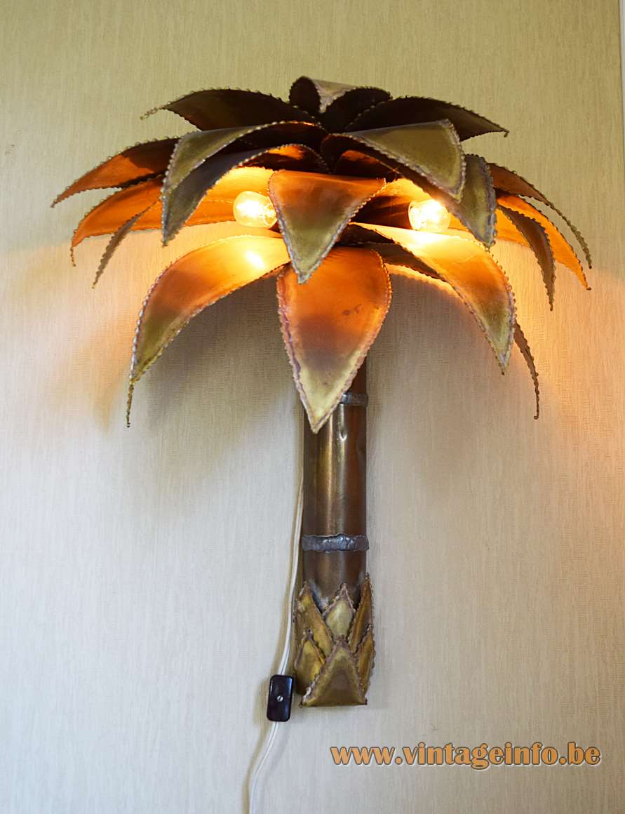 Maison Jansen palm tree wall lamp burned brass trunk leaves 2 E14 sockets 1970s 1980s France