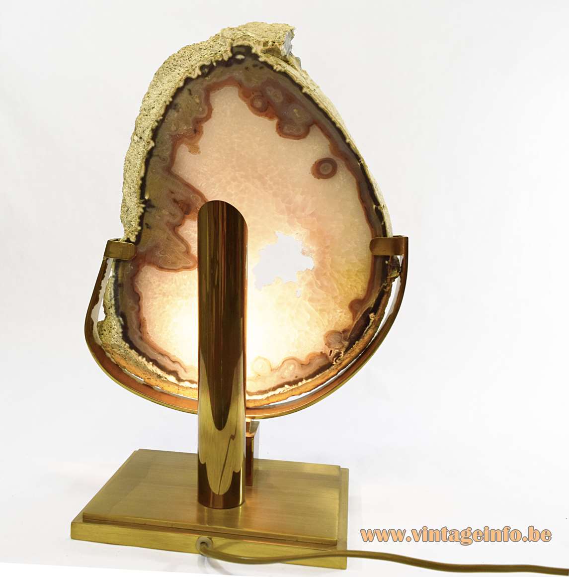 Agate geode table lamp rectangular brass base thick slice Willy Daro 1970s JLB Belgium vintage