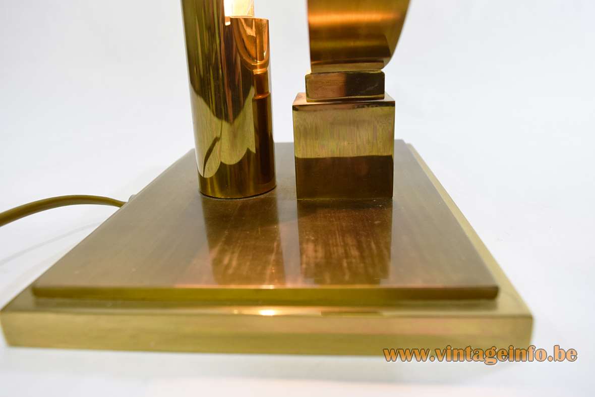 Agate geode table lamp rectangular brass base thick slice Willy Daro 1970s JLB Belgium vintage
