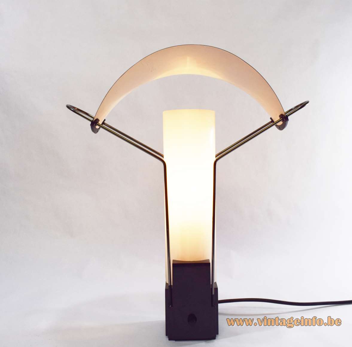 Arteluce Palio table lamp design: King & Miranda black square base curved opal glass diffusers copper lampshade