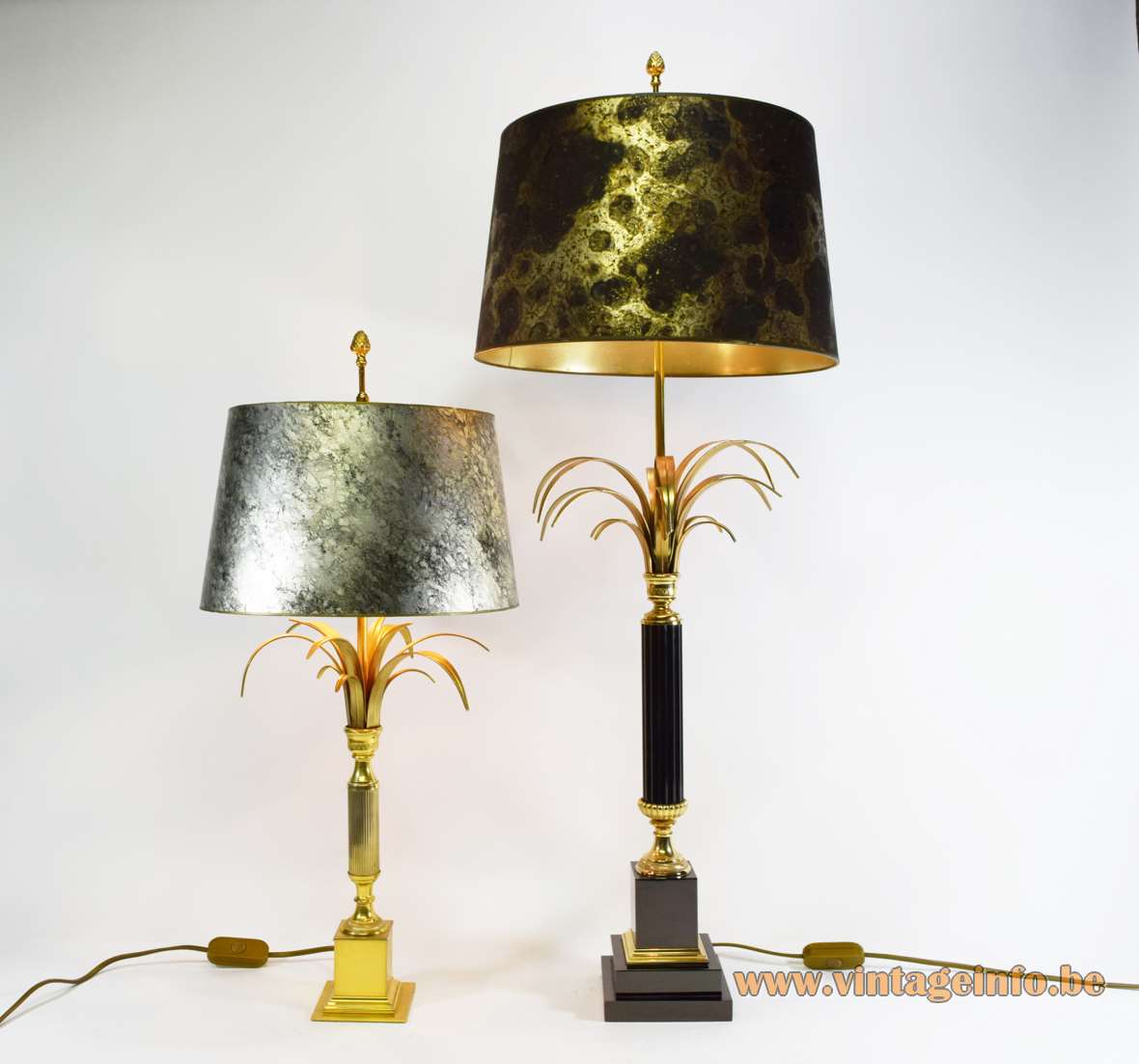 Boulanger palm table lamps square brass base & leaves ribbed chrome rod conical lampshade 1970s 1980s Belgium