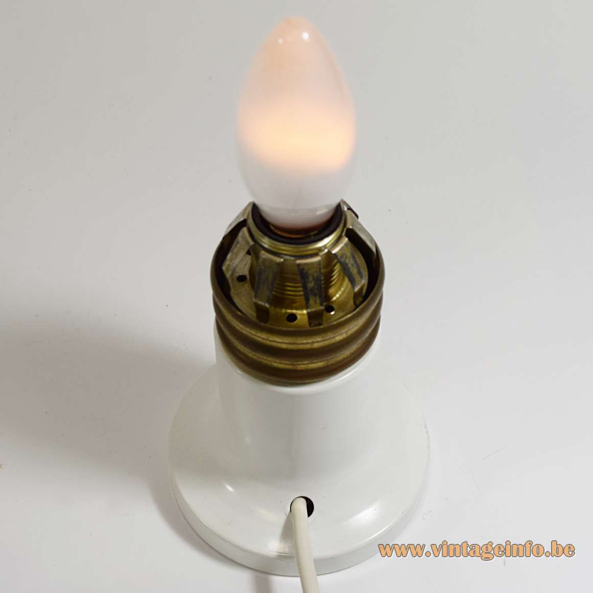Bulb table lamp white round metal base brass ring opal glass globe lampshade 1960s 1970s E14 socket