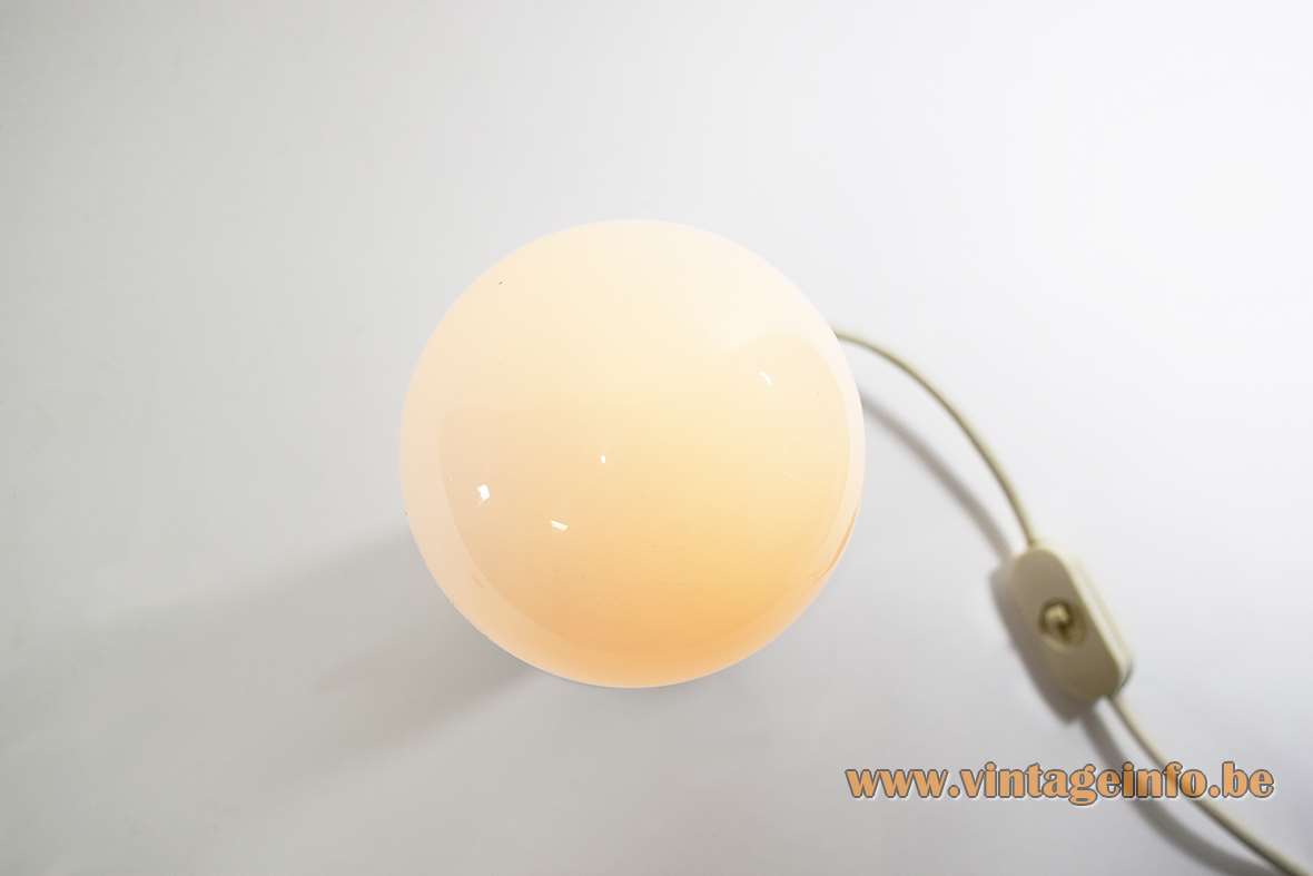 Bulb table lamp white round metal base brass ring opal glass globe lampshade 1960s 1970s E14 socket