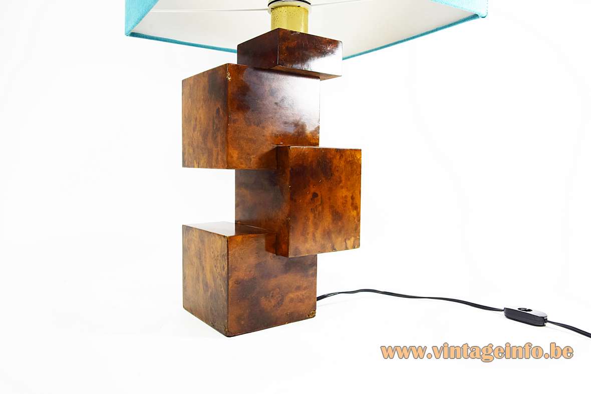 Burl walnut cityscape table lamp geometric wood cubes base square light blue fabric lampshade 1960s 1970s Italy